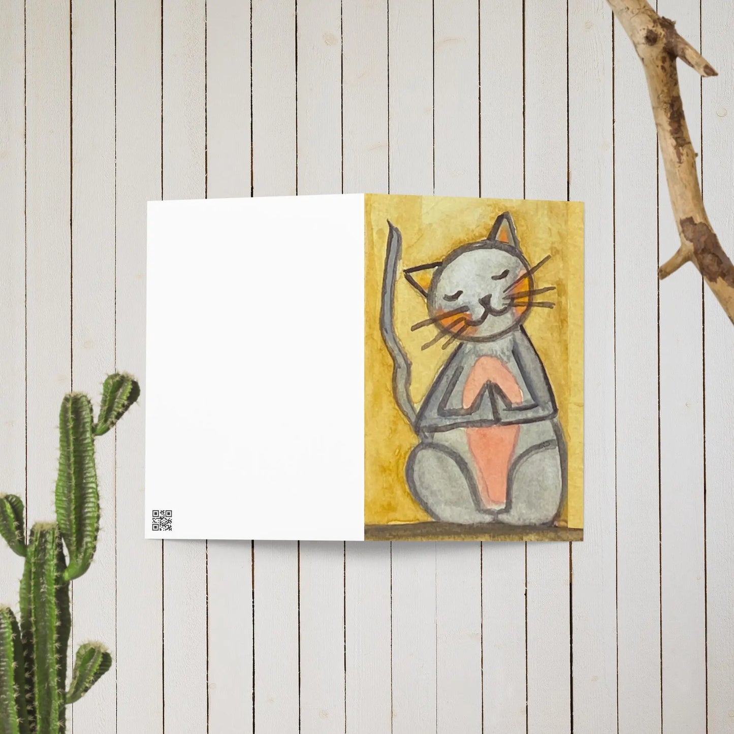 Greeting Card (cat meditating - brown background)