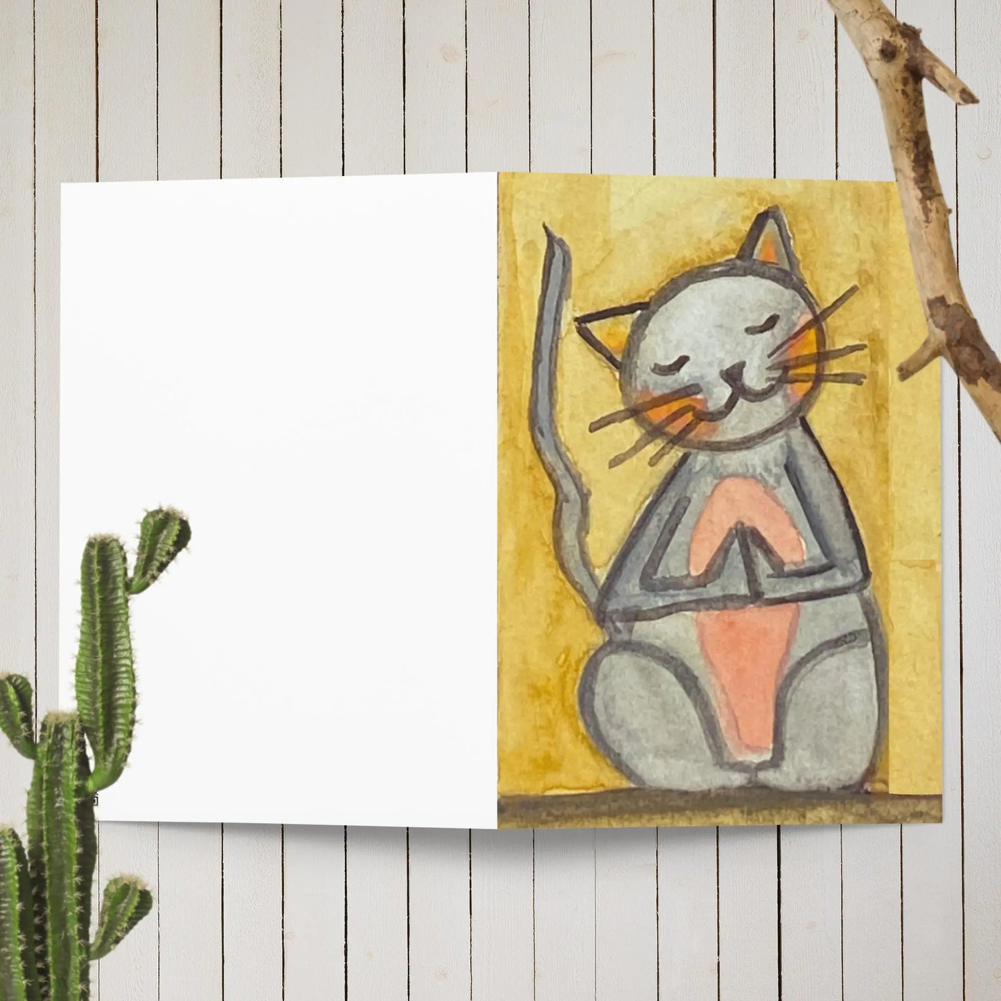 Greeting Card (cat meditating - brown background)