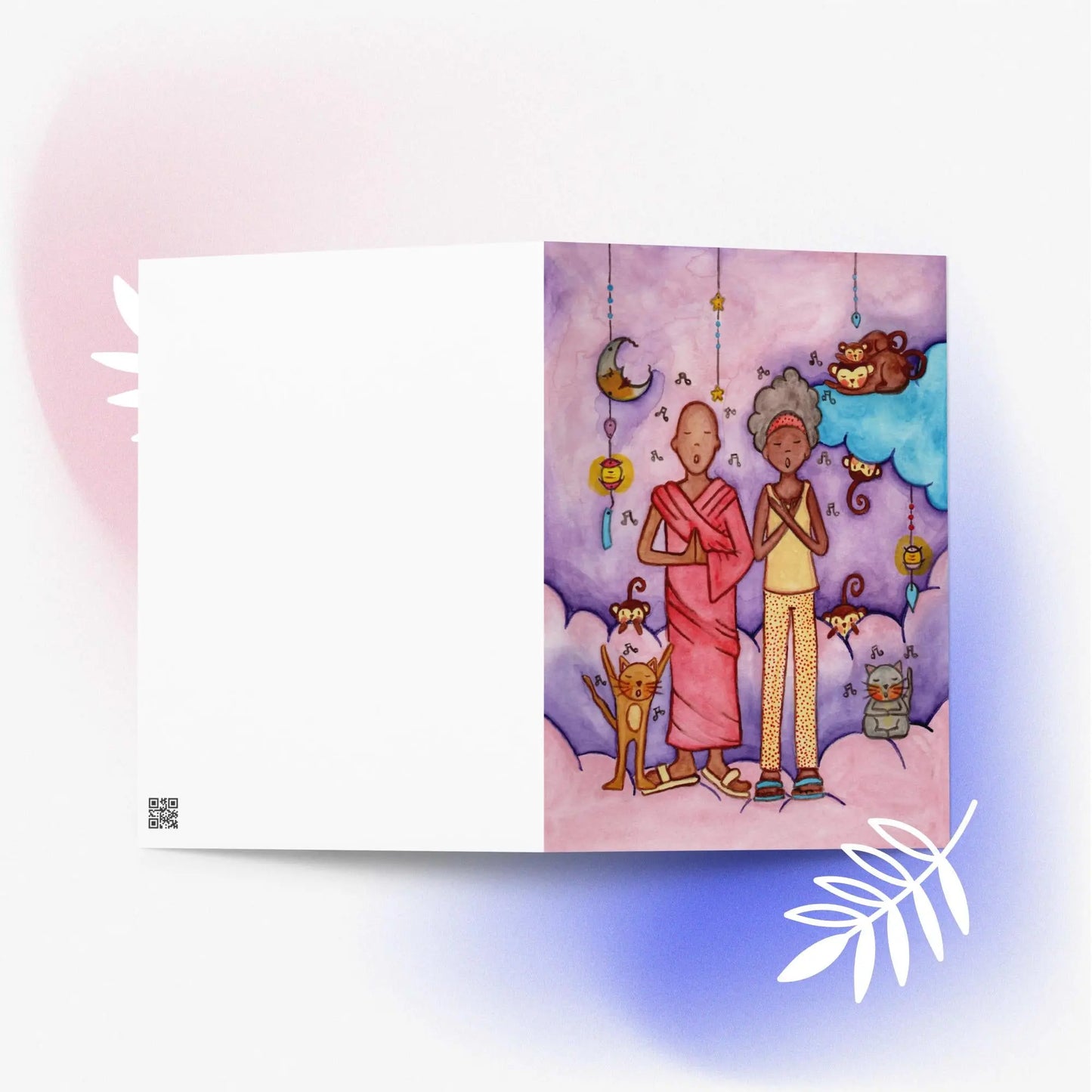 Greeting Card (monk, woman and cats chanting)