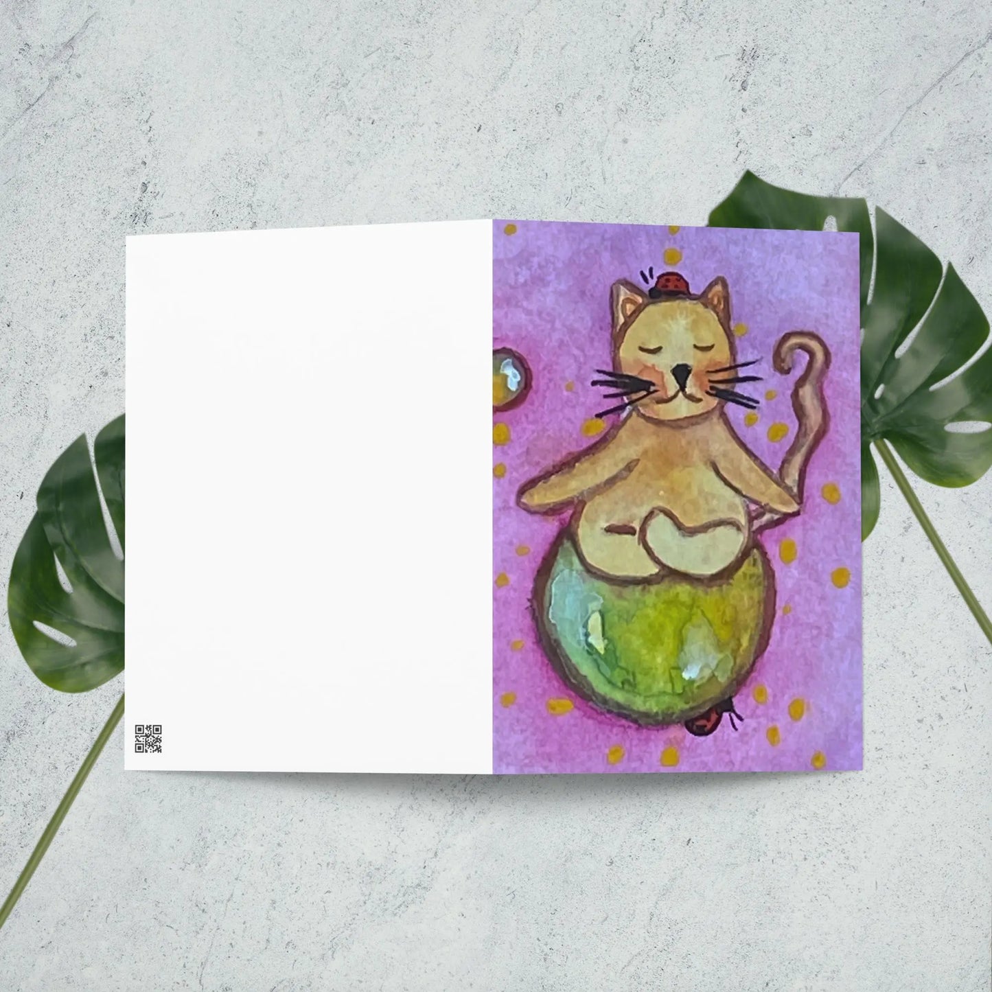 Greeting Card (brown cat meditating on a small planet)