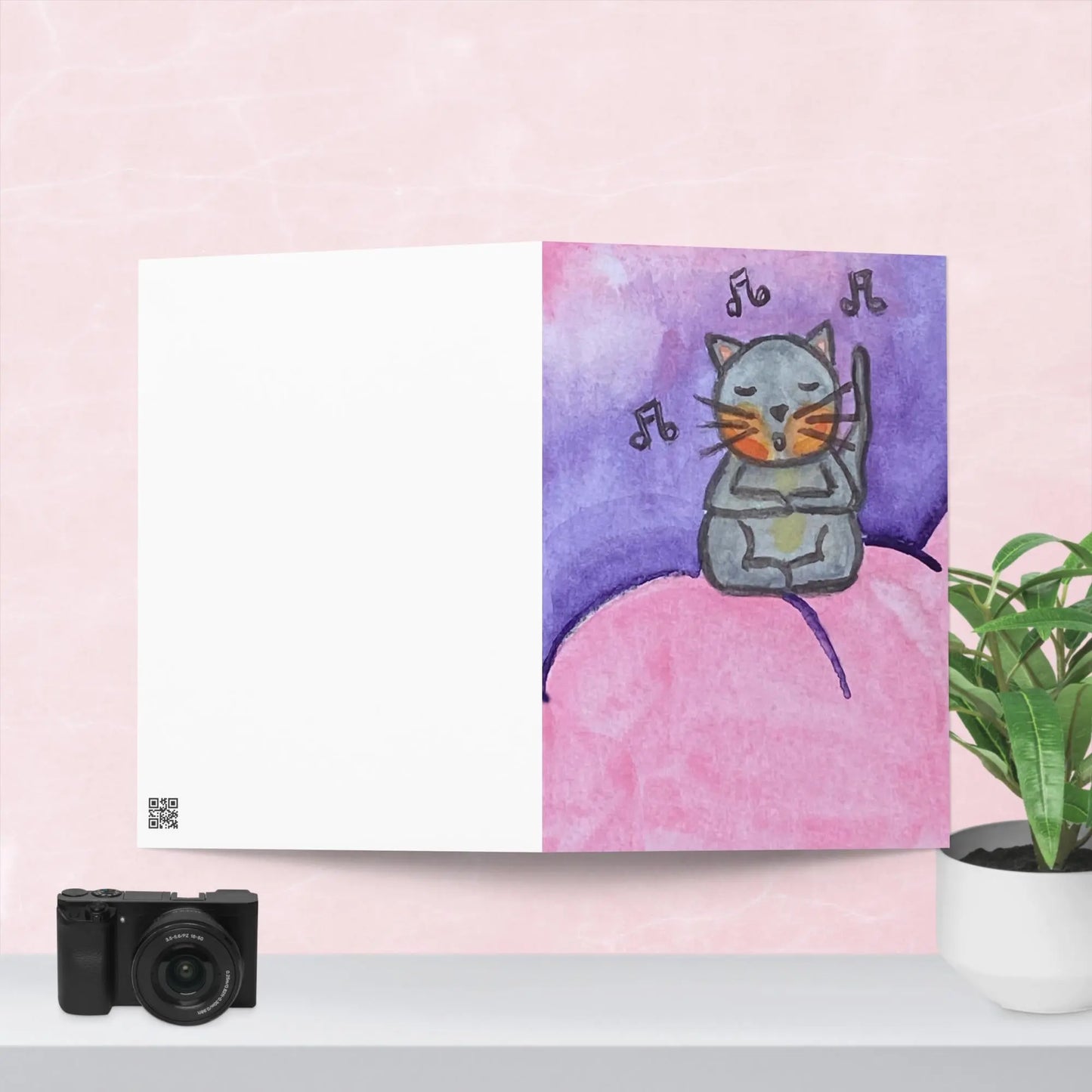 Greeting Card (cat chanting on a pink cloud)