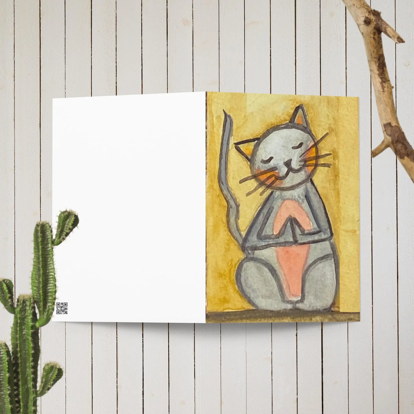 Greeting Card (cat meditating - brown background)