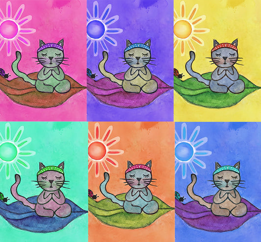 A image with 6 panels of the same cat meditating on a leaf. Each panel has a different vivid color. Pink, purple, yellow, turquoise, orange and blue. This is a mockup of the original illustration by Brazilian artist Thaís Suizo.