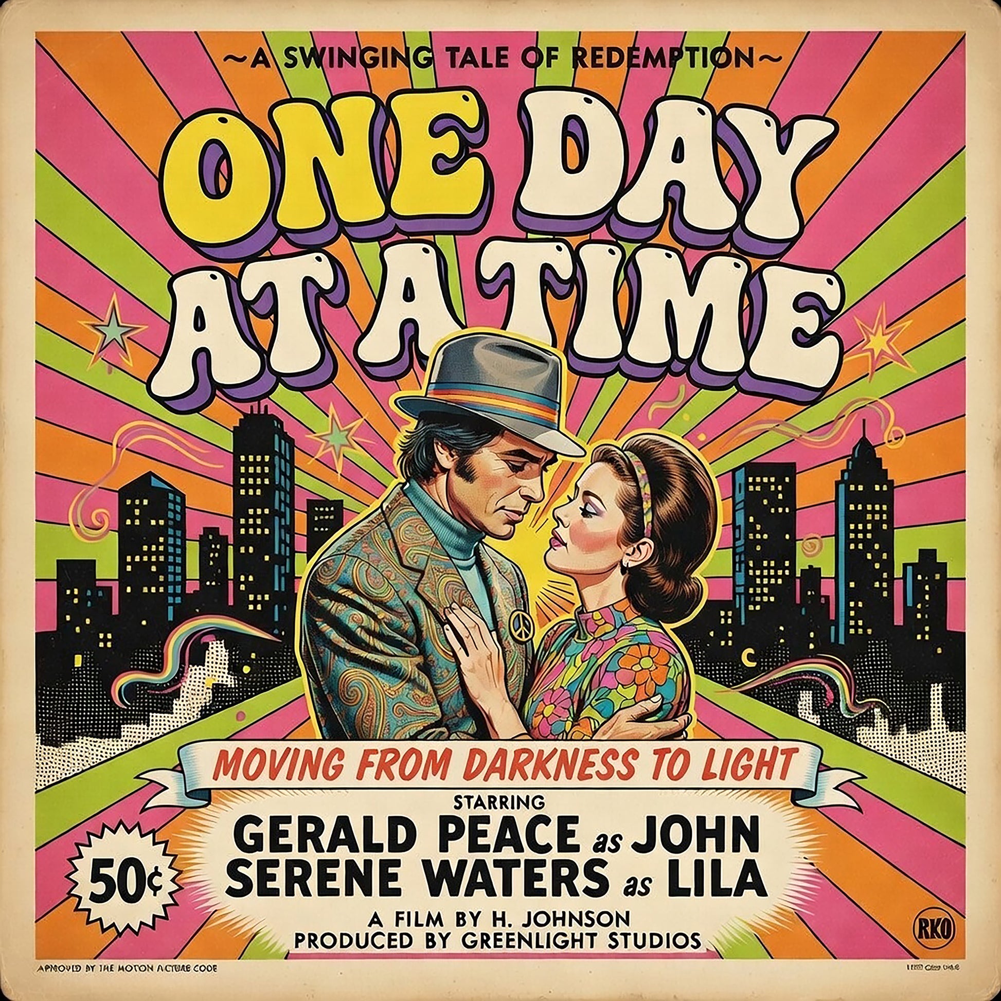 Thumbnail of a 1960s psychedelic retro movie poster style illustration reading “One Day at a Time” with a colorful rainbow burst background, vintage couple, city skyline, and sobriety recovery theme designed for a coffee mug.