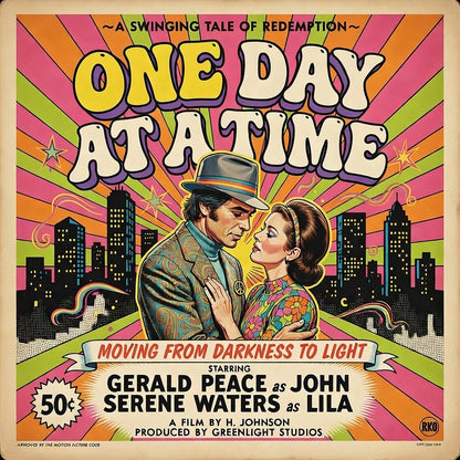 Thumbnail of a 1960s psychedelic retro movie poster style illustration reading “One Day at a Time” with a colorful rainbow burst background, vintage couple, city skyline, and sobriety recovery theme designed for a coffee mug.