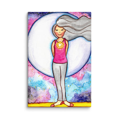 Close-up detail of heart chakra canvas print showing vibrant watercolor colors and hand-stretched canvas texture
