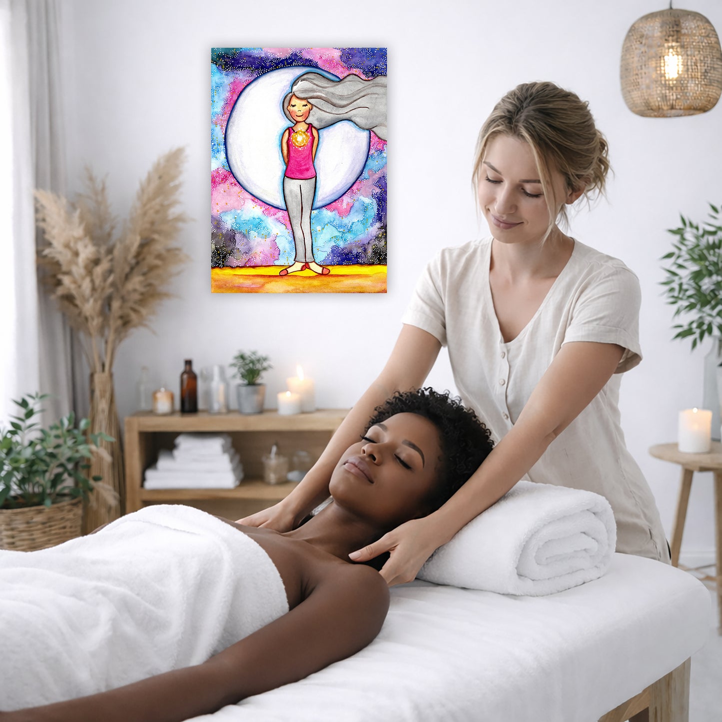 Anahata heart chakra canvas print in a wellness and massage room, calming meditation art for healing spaces