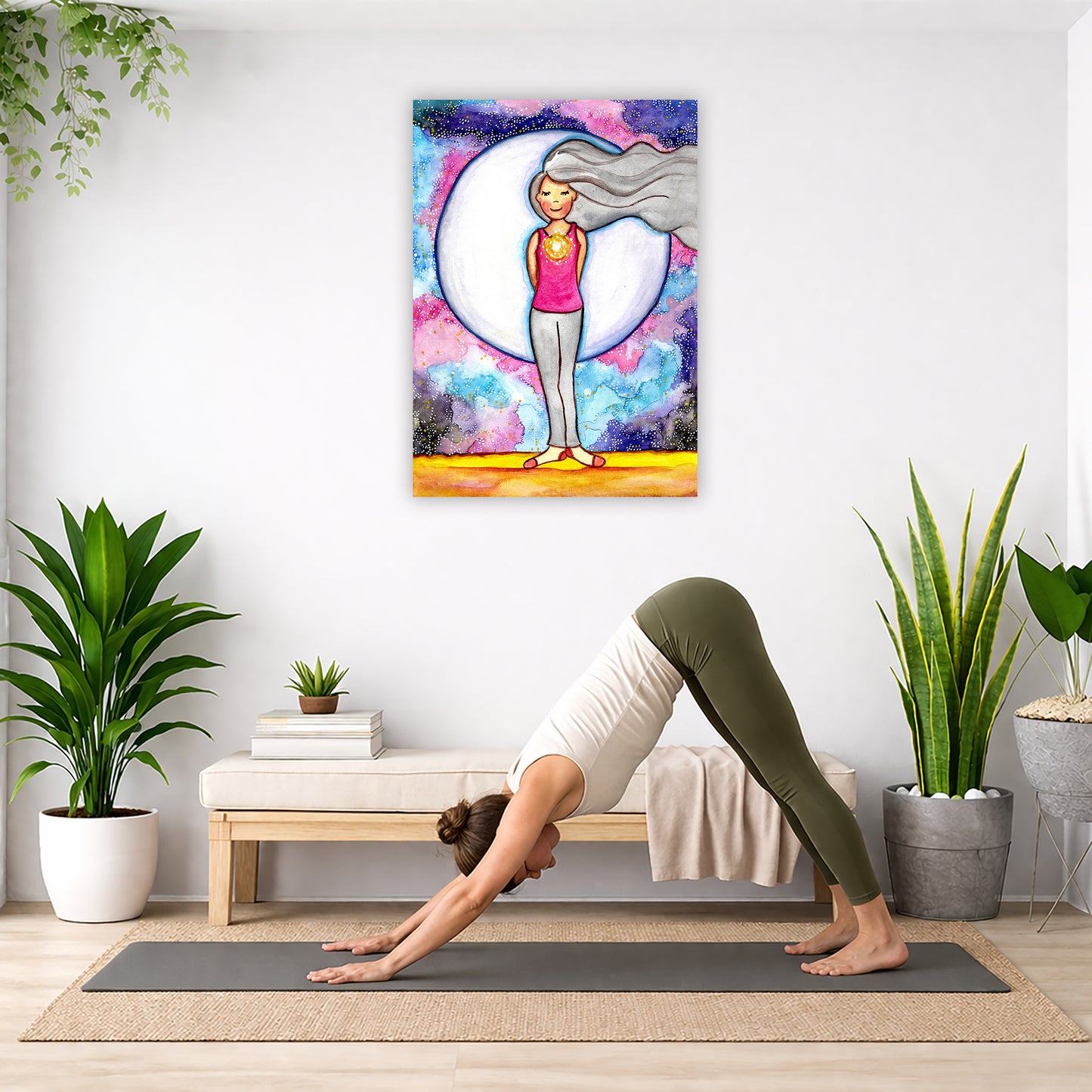 Heart chakra meditation canvas poster displayed in a yoga studio setting, spiritual wall art for yoga and mindfulness spaces