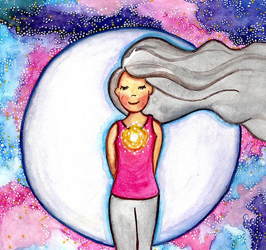 Meditating person with glowing heart chakra at center of chest, symbolizing love, compassion and emotional balance, spiritual design on a mindfulness coffee mug. This is a print of the original illustration by Brazilian artist Thaís Suizo.