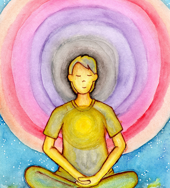 Young man surrounded by vibrant multi-colored aura, representing energy fields and spiritual awareness, colorful meditation artwork printed on a coffee mug.  This is a print of the original illustration by Brazilian artist Thaís Suizo.
