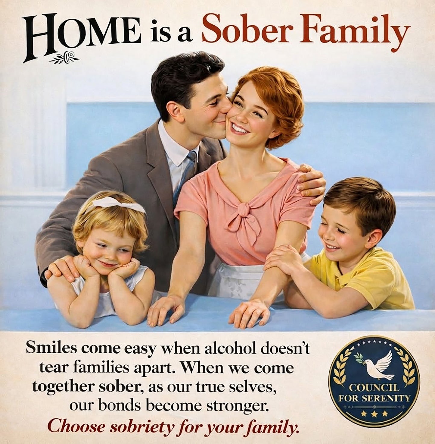 Vintage-style sobriety coffee mug design featuring a happy retro family, inspirational recovery messaging, and positive sober living themes promoting love, connection, and family unity.