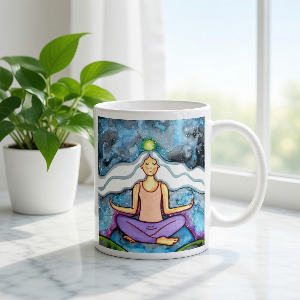 Meditating figure with glowing crown chakra at top of head, symbolizing higher consciousness and spiritual connection, chakra artwork featured on a mindfulness mug.  The mug is sitting on a white cloth. There is a window, curtains and a green potted plant behind the mug.