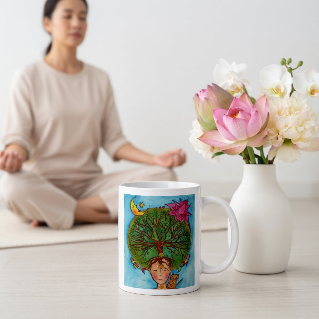 Poster of the crown chakra of a woman opening up like the tree of life.   The mug is on the floor at the bottom center of the image. In the background a woman is meditating. Beside the mug is a vase of flowers.