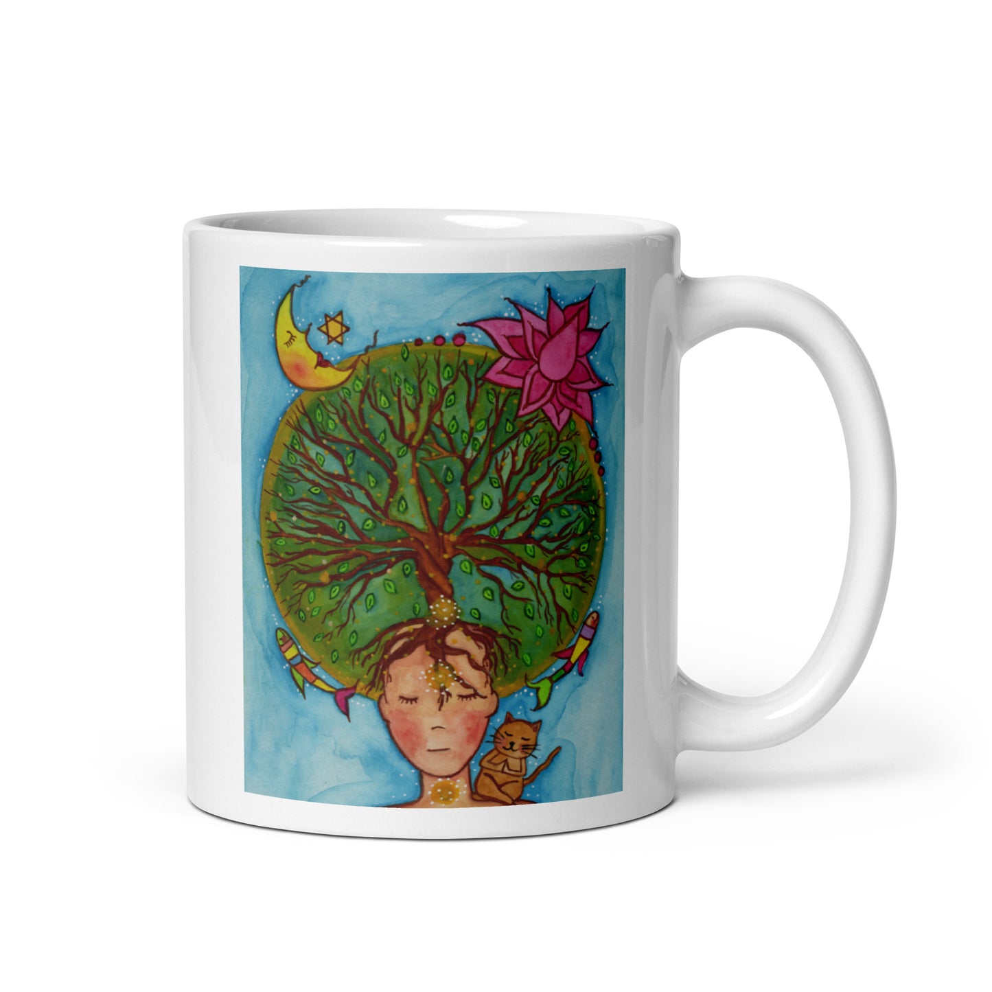 Meditating figure with glowing sacral chakra below the navel, representing creativity, passion and emotional flow, spiritual chakra artwork on a coffee mug.  This illustration is on both sides of the mug. In this image the handle of the mug is on the right side.