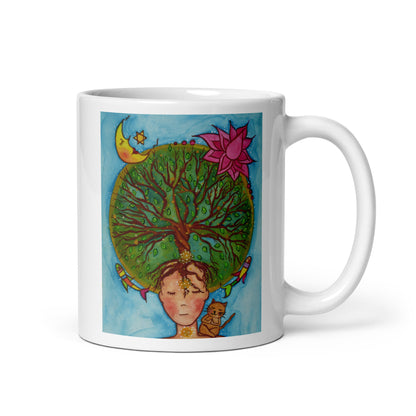 Meditating figure with glowing sacral chakra below the navel, representing creativity, passion and emotional flow, spiritual chakra artwork on a coffee mug.  This illustration is on both sides of the mug. In this image the handle of the mug is on the right side.