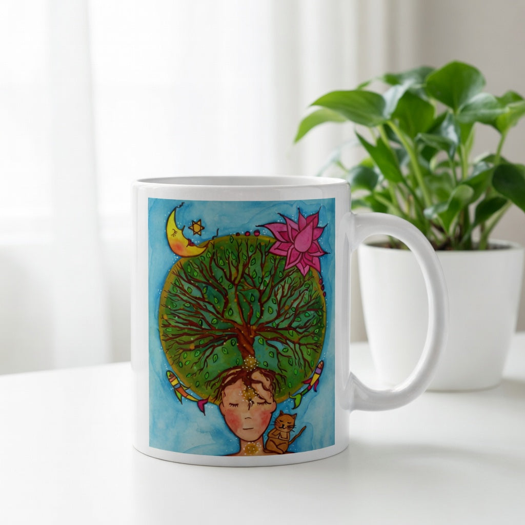 Poster of the crown chakra of a woman opening up like the tree of life.  The mug is sitting on a white cloth. There is a window, curtains and a green potted plant behind the mug.
