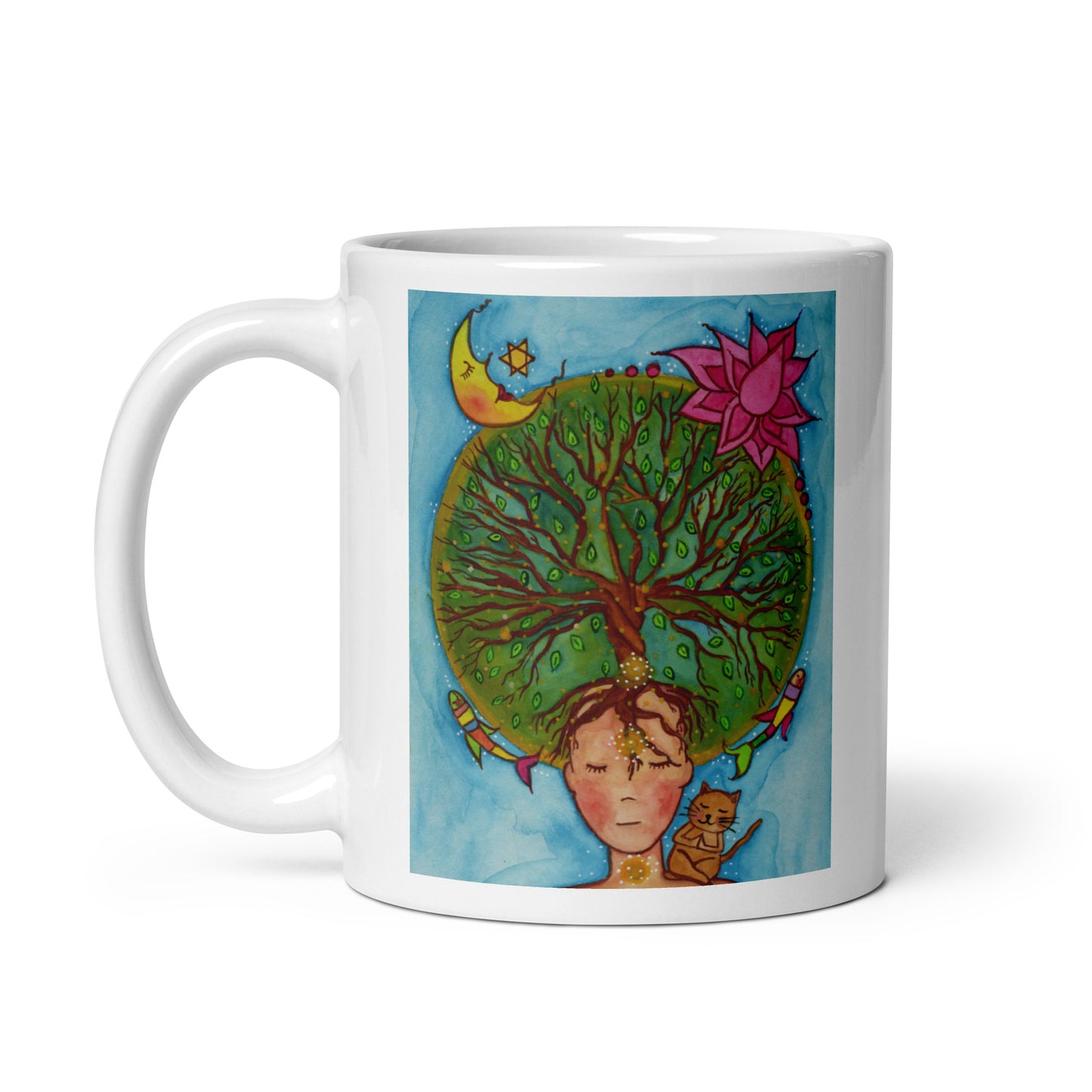 Meditating figure with glowing sacral chakra below the navel, representing creativity, passion and emotional flow, spiritual chakra artwork on a coffee mug.  This illustration is on both sides of the mug. In this image the handle of the mug is on the left side.