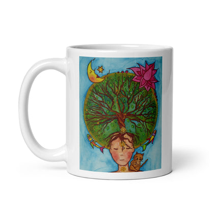 Meditating figure with glowing sacral chakra below the navel, representing creativity, passion and emotional flow, spiritual chakra artwork on a coffee mug.  This illustration is on both sides of the mug. In this image the handle of the mug is on the left side.