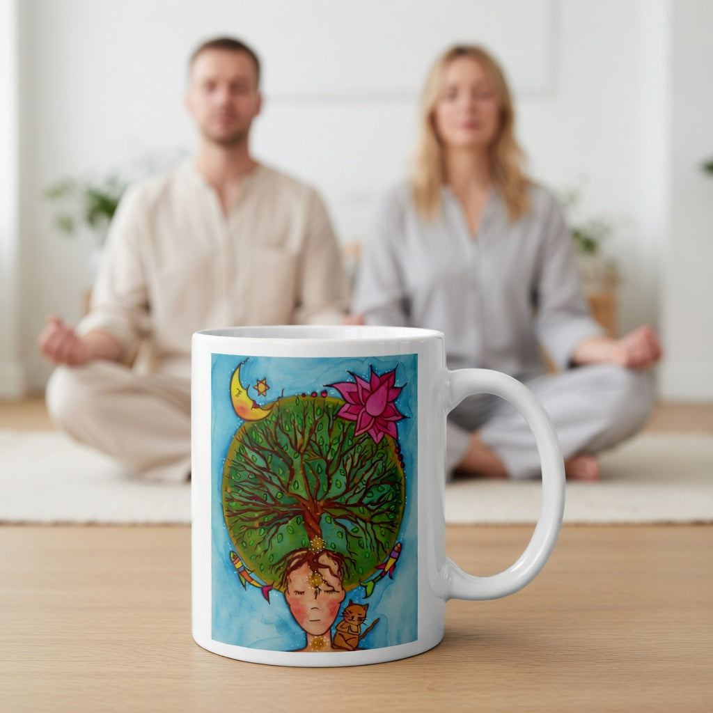 Poster of the crown chakra of a woman opening up like the tree of life. A cat is on her shoulder. A large mug is at the bottom front displaying the design. There is a couple meditating in the background.