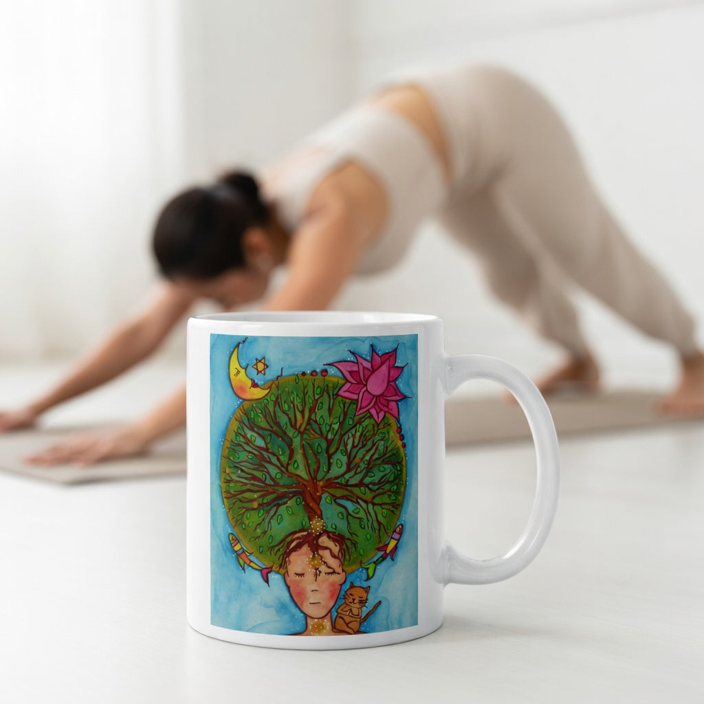 Poster of the crown chakra of a woman opening up like the tree of life.   The mug is in front of a woman doing the yoga posture downward facing dog.