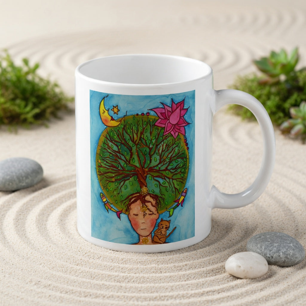 Poster of the crown chakra of a woman opening up like the tree of life.  The mug is in a beautifully raked zen garden with bushes and plants behind it.