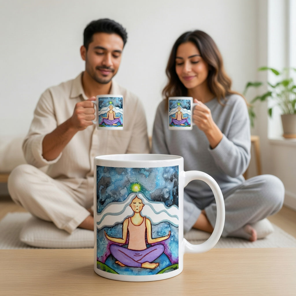 Meditating figure with glowing crown chakra at top of head, symbolizing higher consciousness and spiritual connection, chakra artwork featured on a mindfulness mug.  A large mug is at the bottom front displaying the design. There is a couple drinking from their mug in the background.