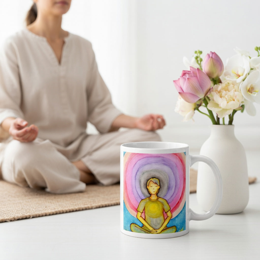 Young man surrounded by vibrant multi-colored aura, representing energy fields and spiritual awareness, colorful meditation artwork printed on a coffee mug.  A woman is meditating in the background.