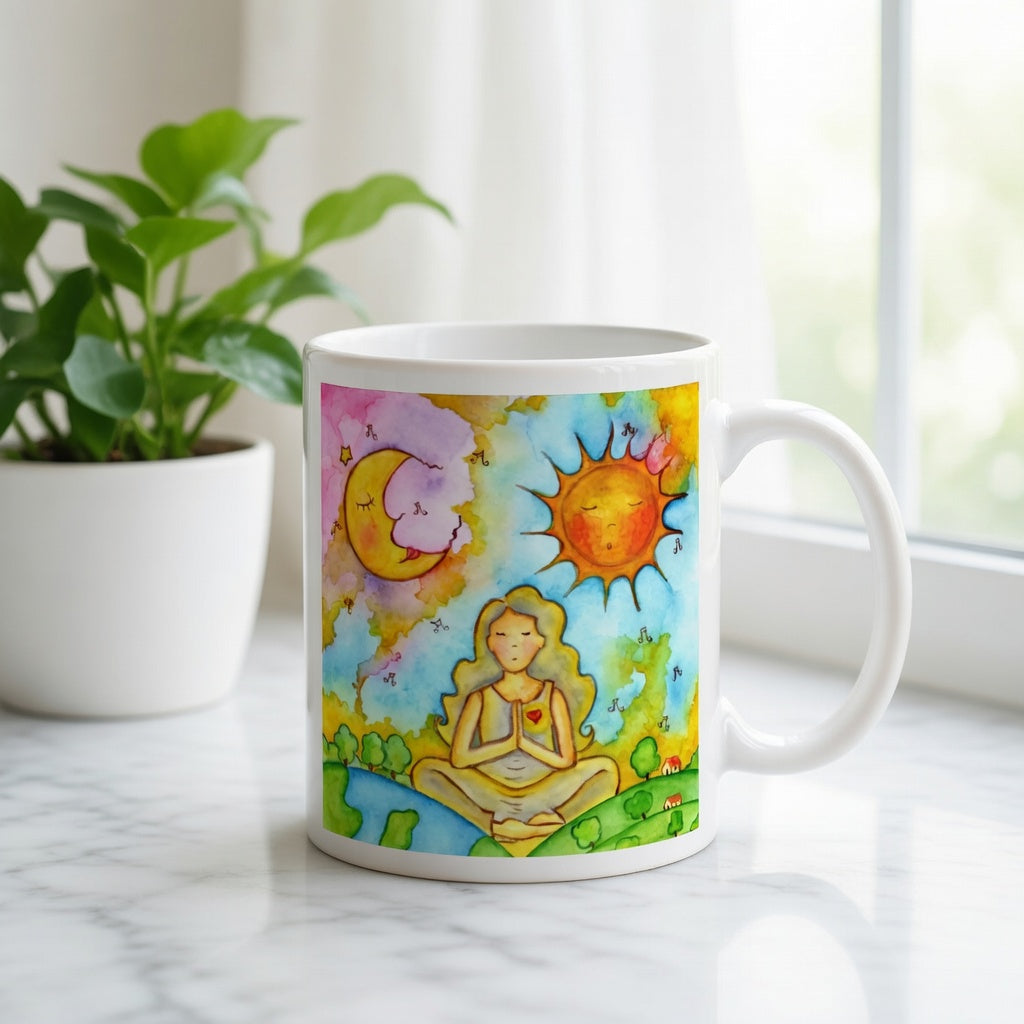 Sun and Moon Meditation Mug – Balance & Harmony Coffee Cup, Spiritual Gift - Woman Meditating