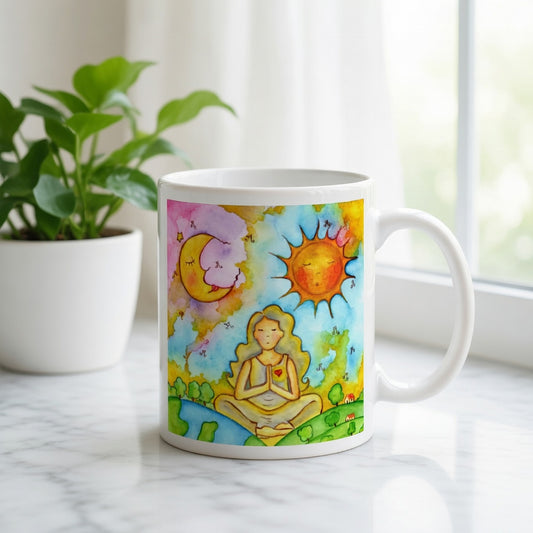 Sun and Moon Meditation Mug – Balance & Harmony Coffee Cup, Spiritual Gift - Woman Meditating