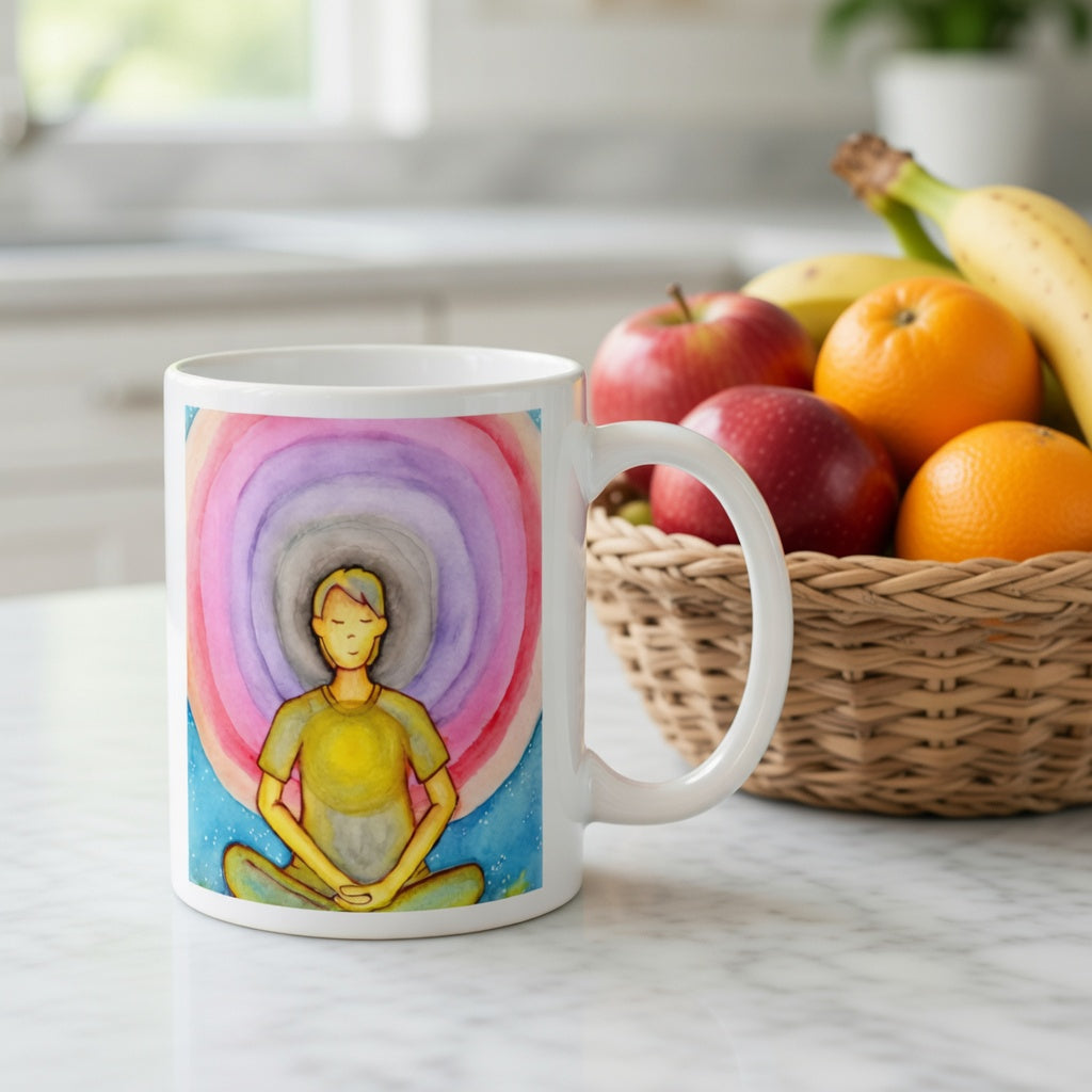 Young man surrounded by vibrant multi-colored aura, representing energy fields and spiritual awareness, colorful meditation artwork printed on a coffee mug.  Beside the mug is a basket of fruit. 