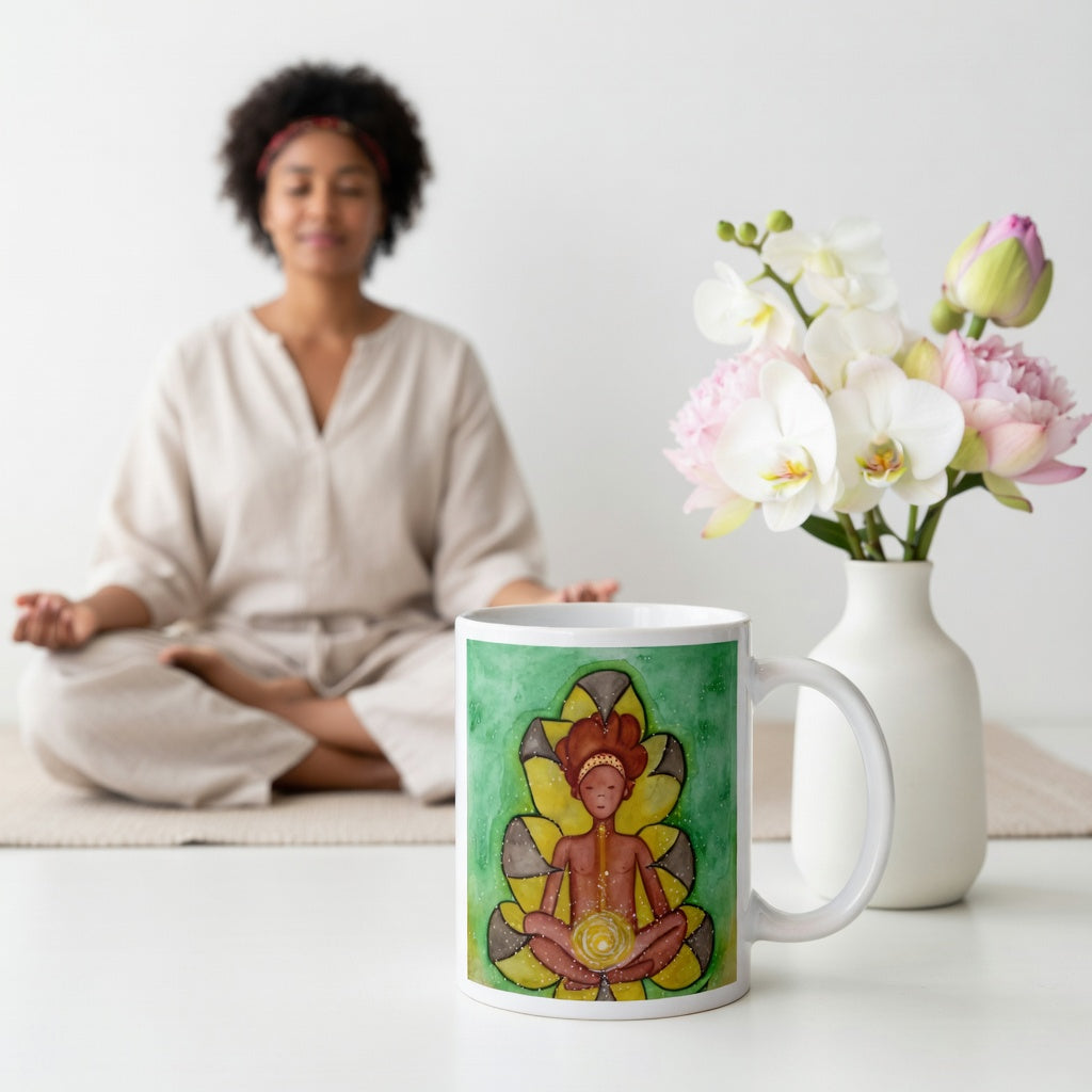 Meditating figure with glowing sacral chakra below the navel, representing creativity, passion and emotional flow, spiritual chakra artwork on a coffee mug. The mug is sitting  with flowers beside it. A woman is meditating in the background.