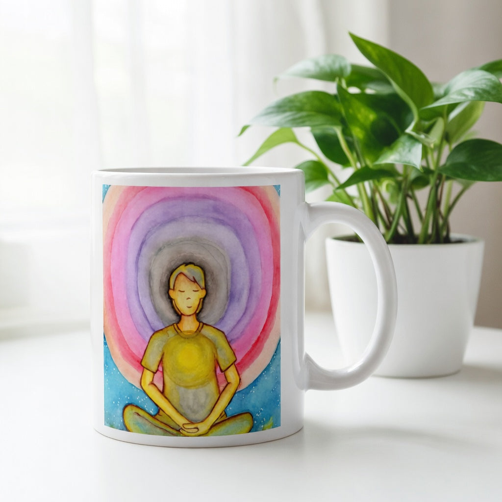 Young man surrounded by vibrant multi-colored aura, representing energy fields and spiritual awareness, colorful meditation artwork printed on a coffee mug.  There is a window, curtains and a green potted plant behind the mug.
