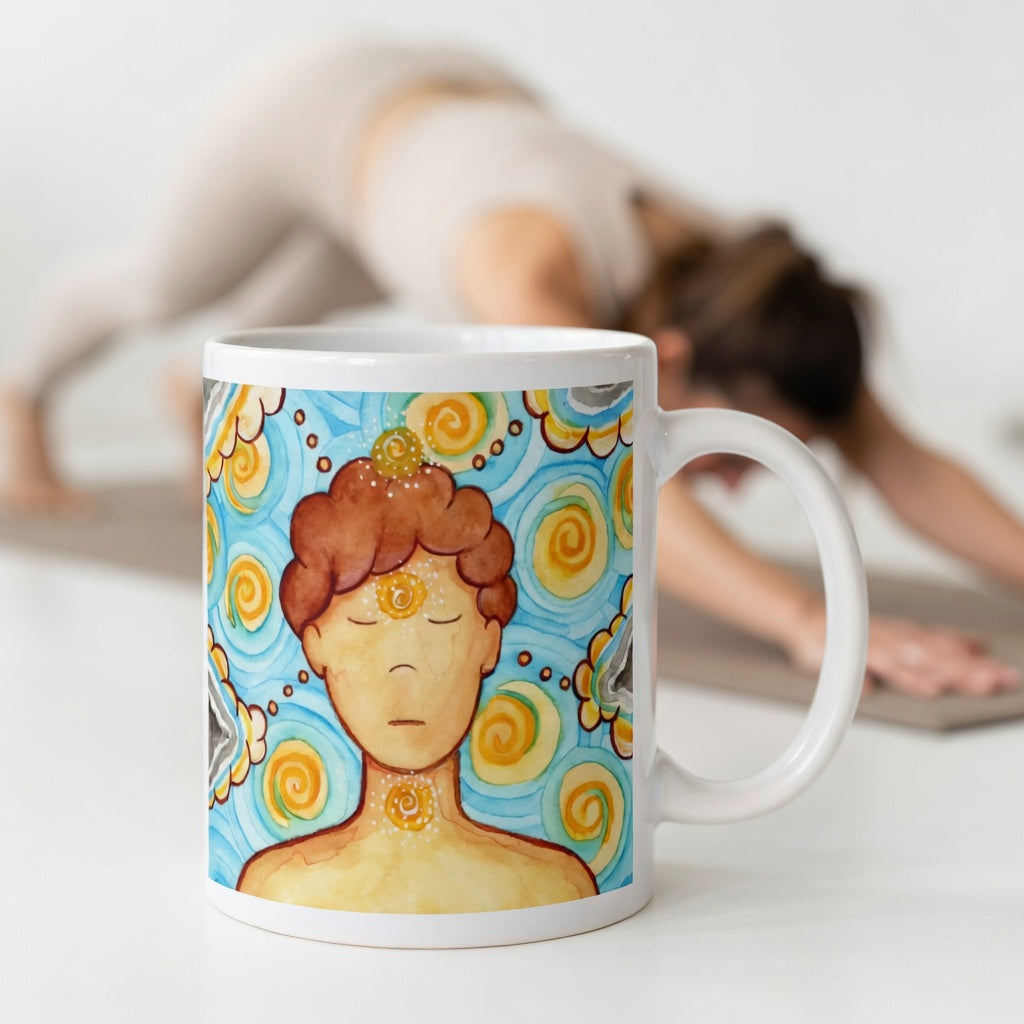 Man meditating with glowing throat, brow and crown chakras, symbolizing communication, intuition and spiritual connection, chakra artwork on a coffee mug.  The mug is in front of a woman doing the yoga posture downward facing dog.