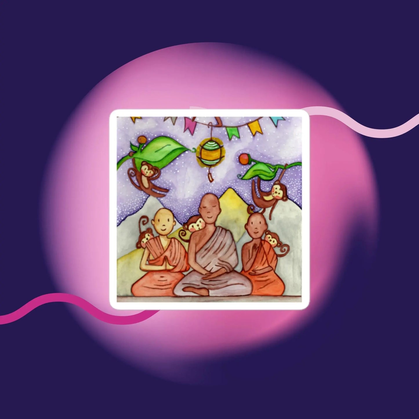 Bubble-Free Sticker (young monks learning to calm the monkey mind)
