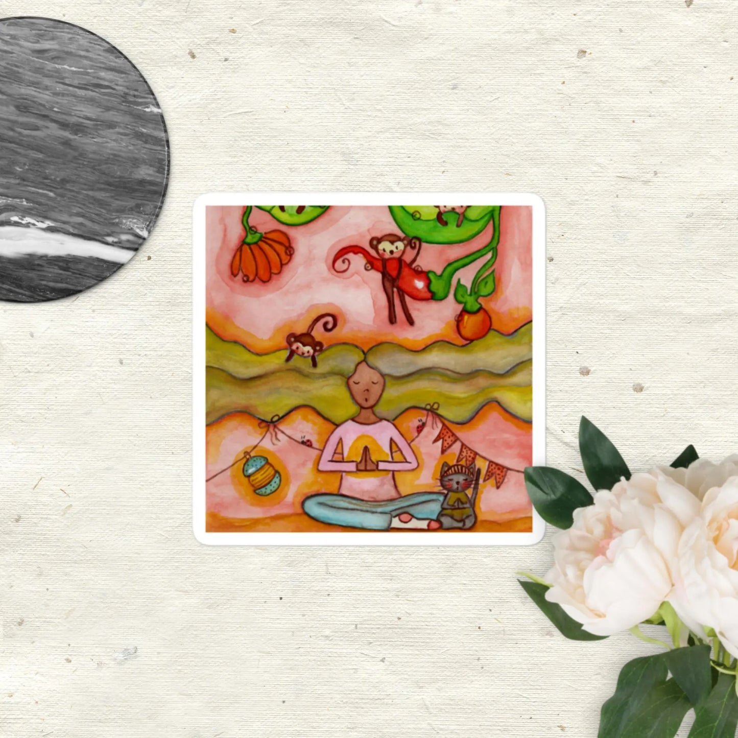 Bubble-Free Sticker (woman and her cat calming the monkey mind through meditation)