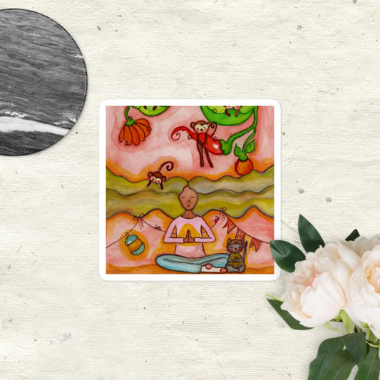 Bubble-Free Sticker (woman and her cat calming the monkey mind through meditation)