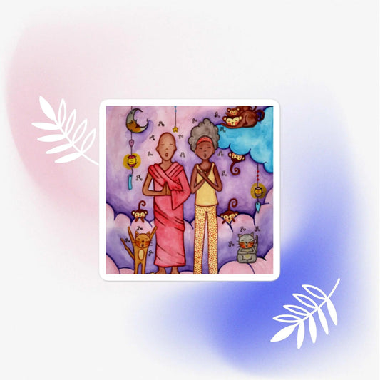 Bubble-Free Sticker (monk, woman and cats chanting)