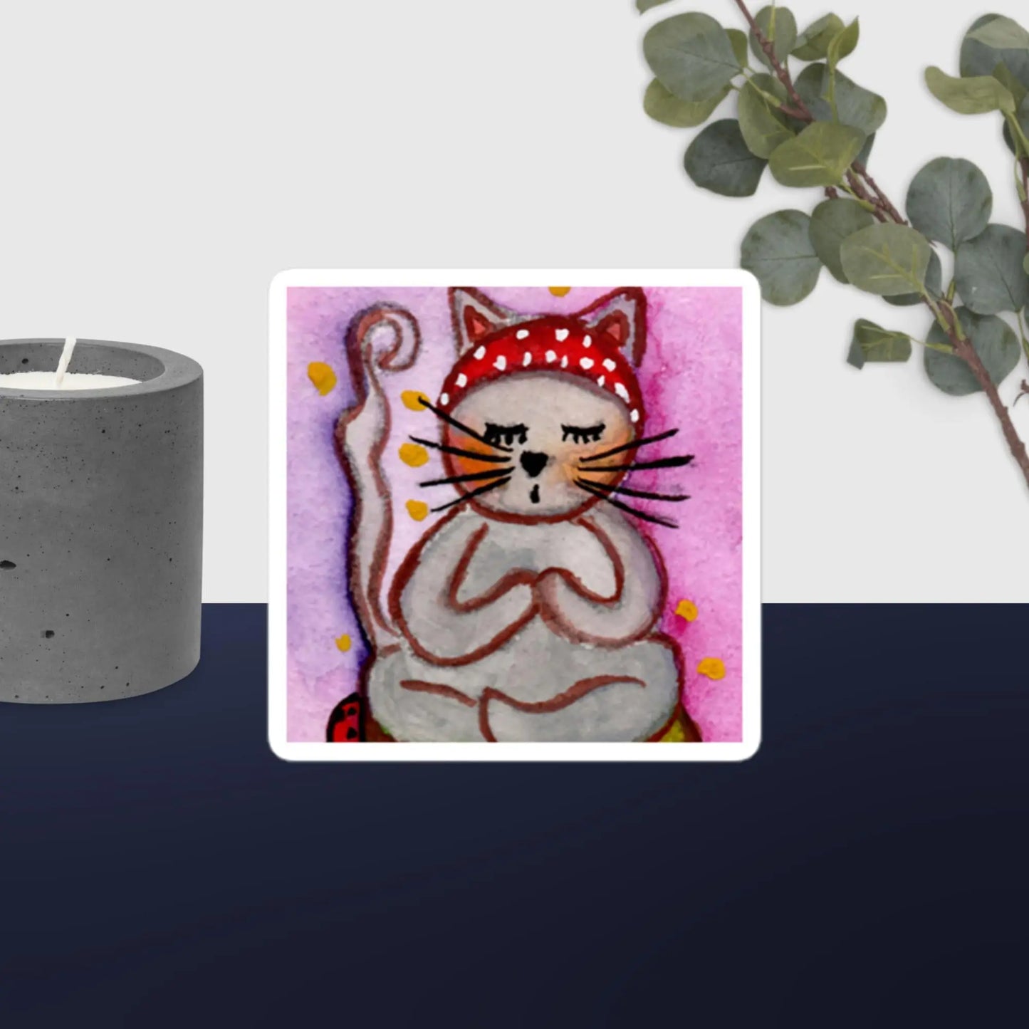 Bubble-free sticker (cat meditating - pink background)