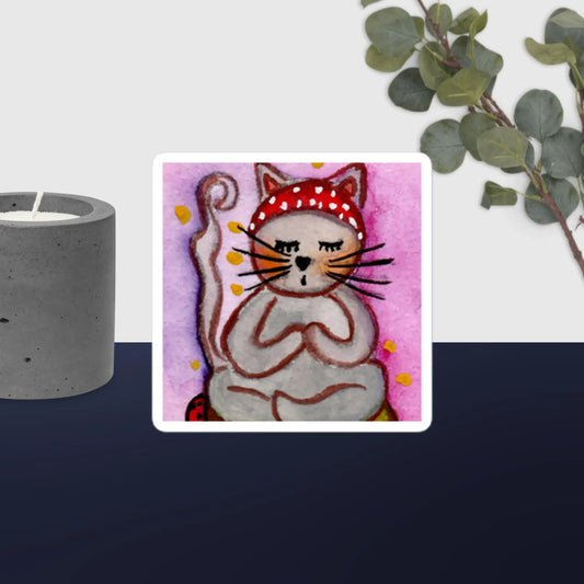 Bubble-free sticker (cat meditating - pink background)