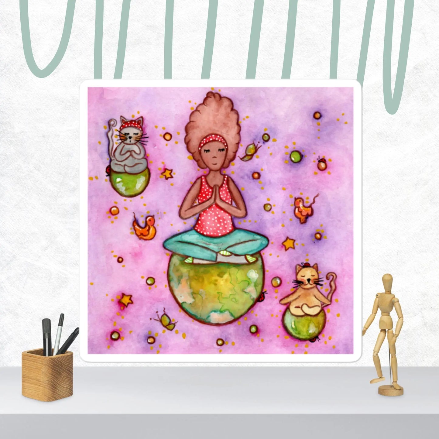 Bubble-free stickers (cats and woman meditating)