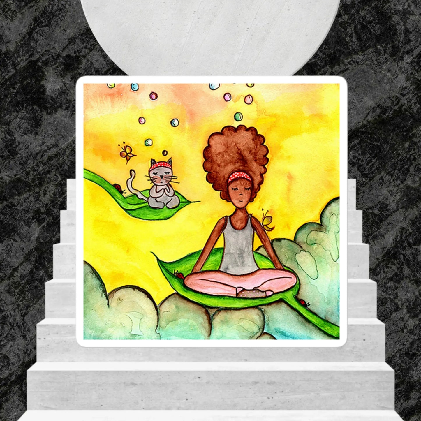 Bubble-free stickers (cat and woman meditating)