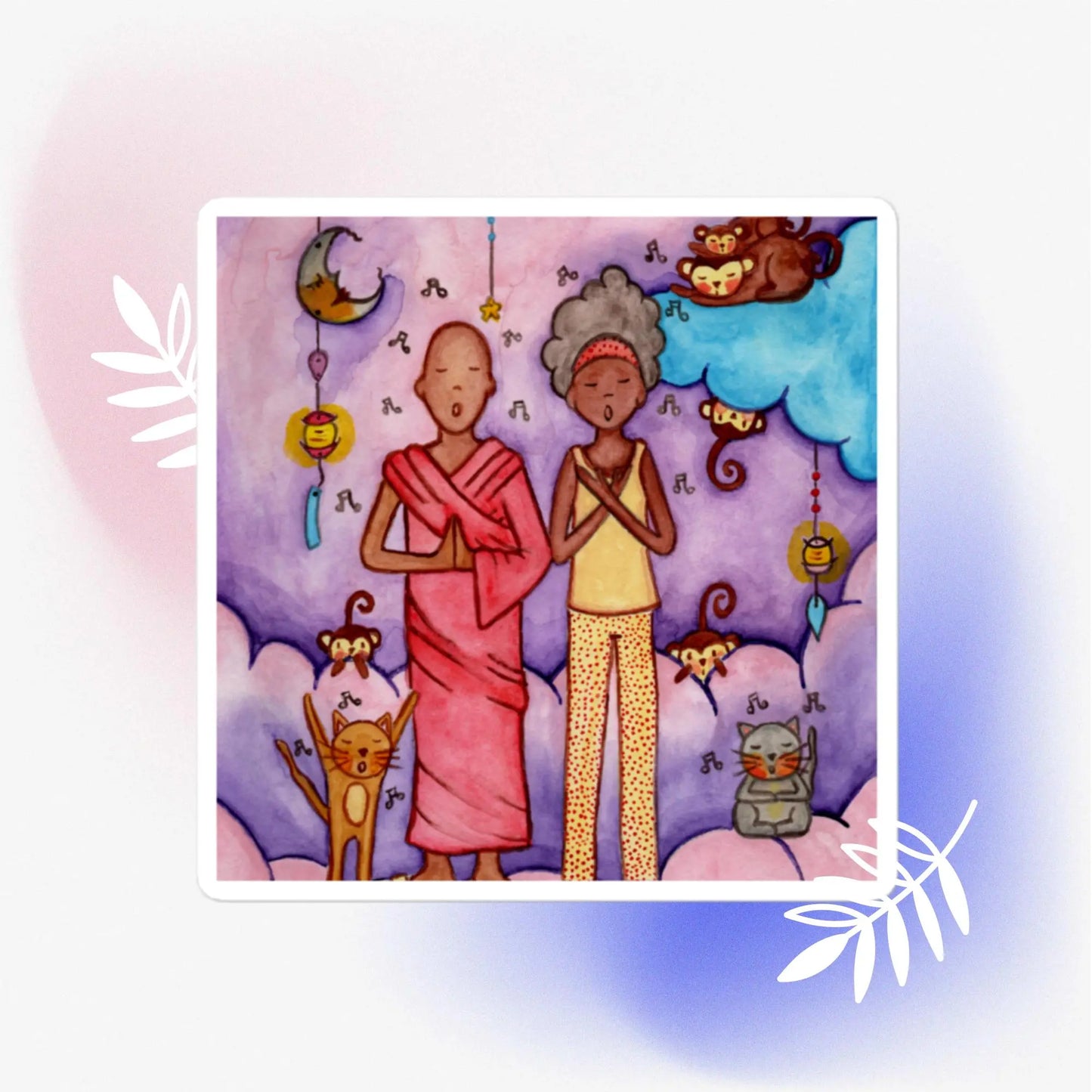 Bubble-Free Sticker (monk, woman and cats chanting)