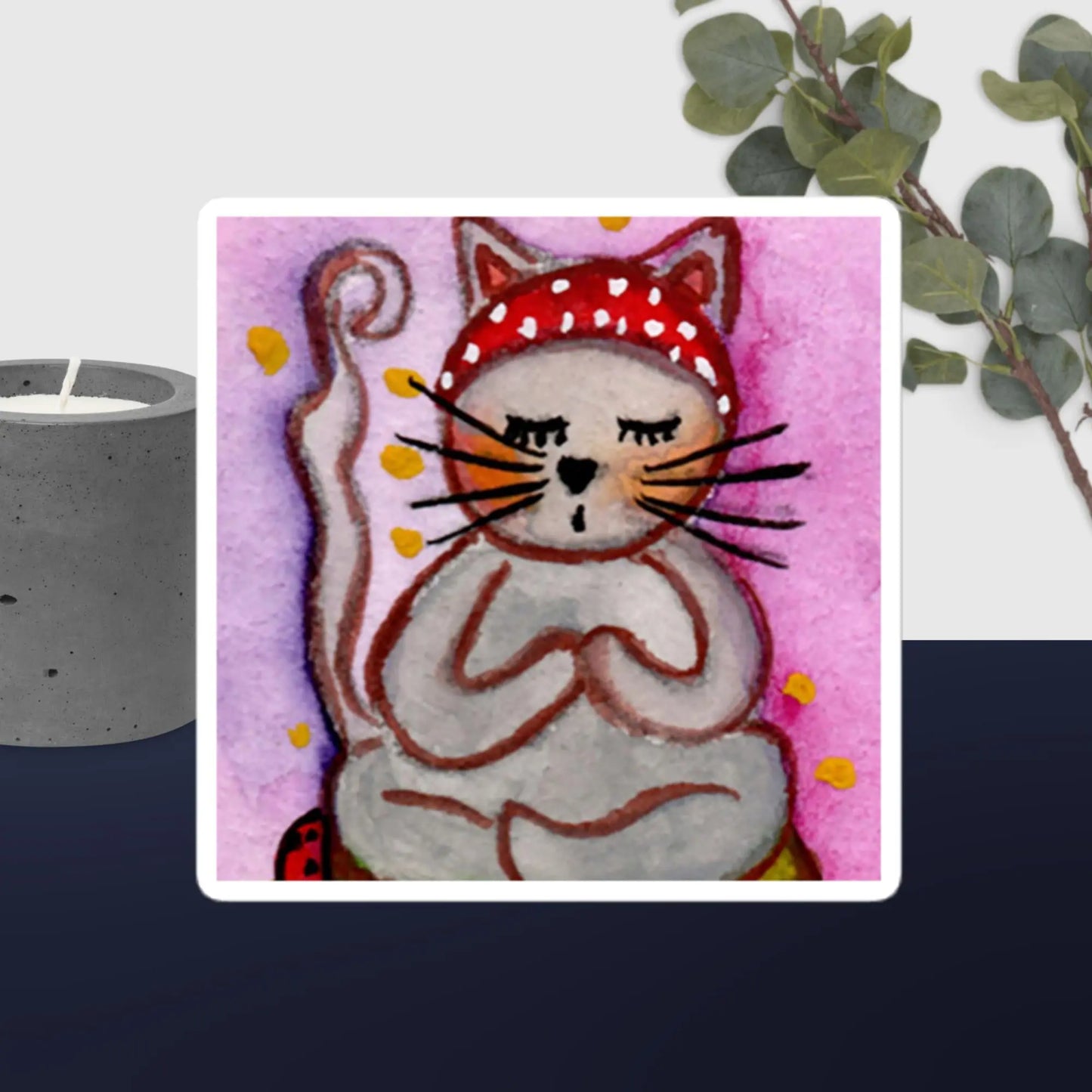 Bubble-free sticker (cat meditating - pink background)