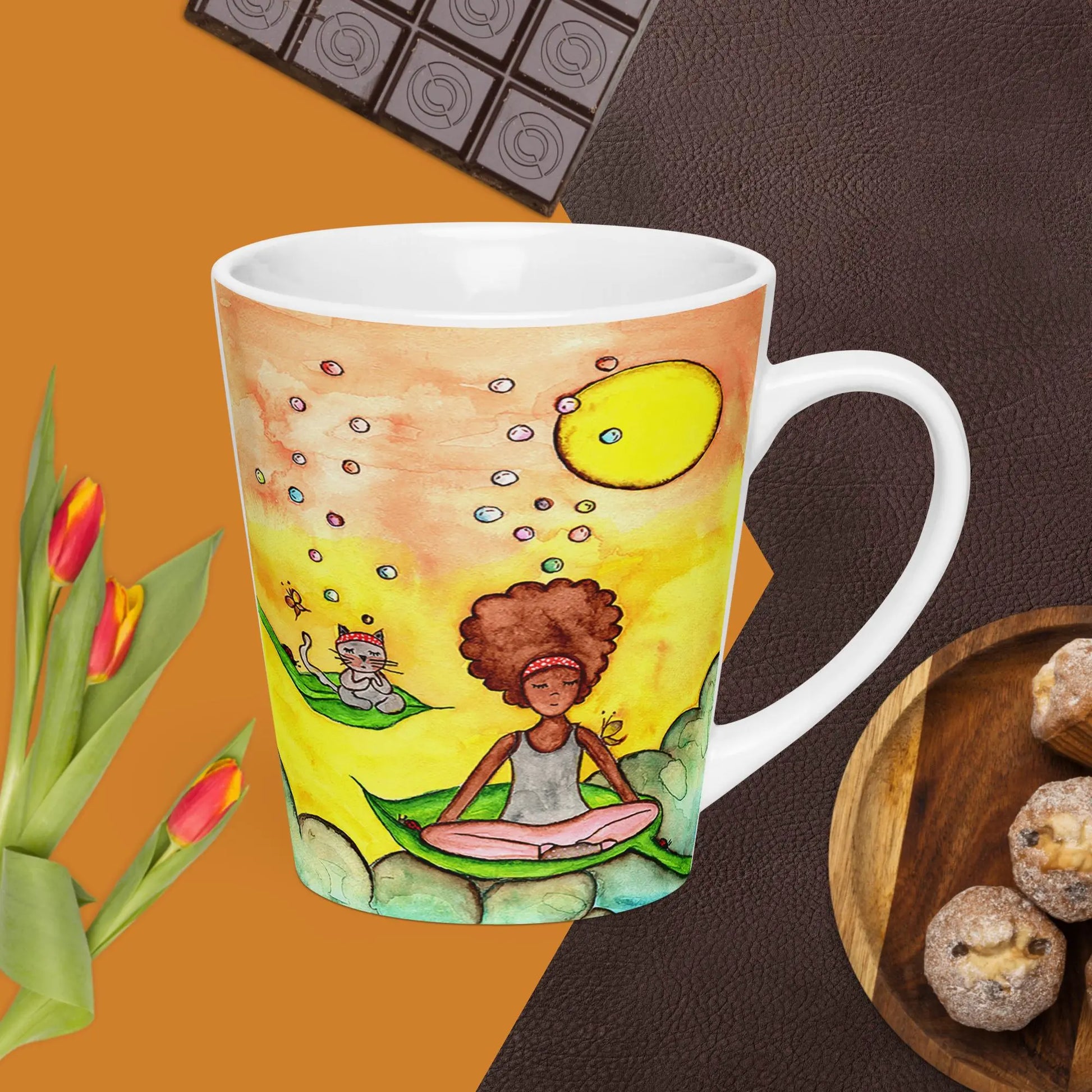 Latte Mug (cat and woman meditating)