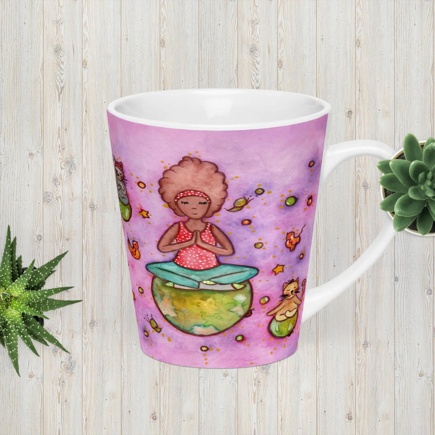 Latte Mug (cats and woman meditating)