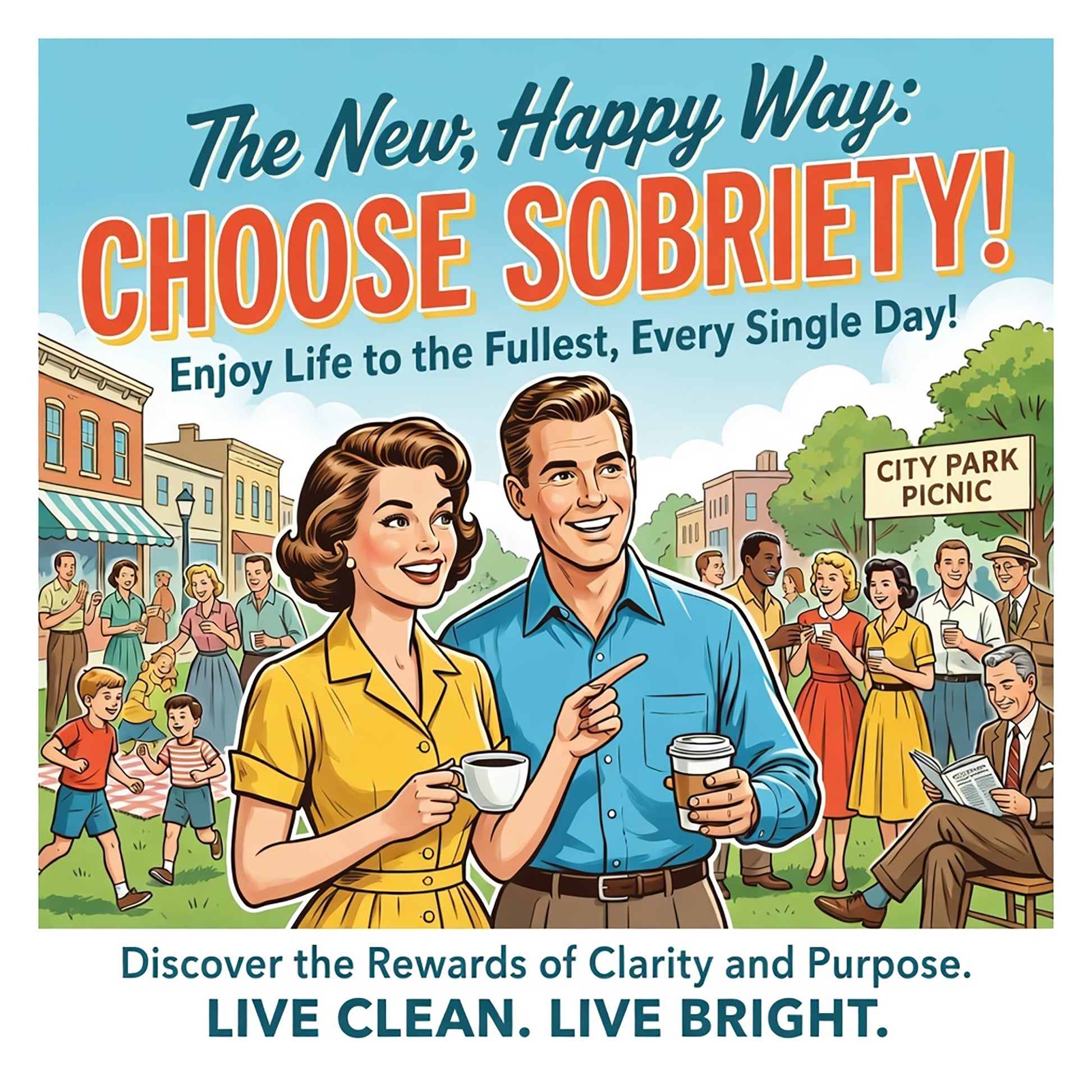Vintage-style sobriety coffee mug design featuring happy retro community scenes, inspirational recovery slogans, and positive sober lifestyle artwork in classic mid-century advertising style.