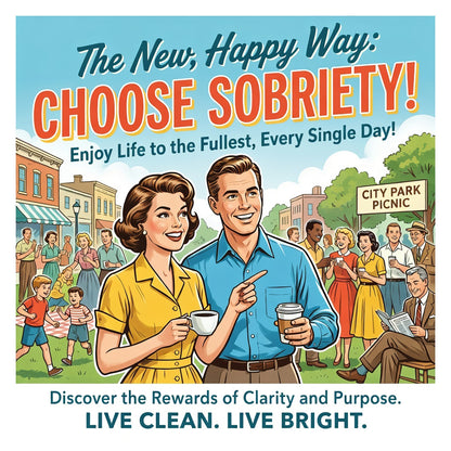 Vintage-style sobriety coffee mug design featuring happy retro community scenes, inspirational recovery slogans, and positive sober lifestyle artwork in classic mid-century advertising style.
