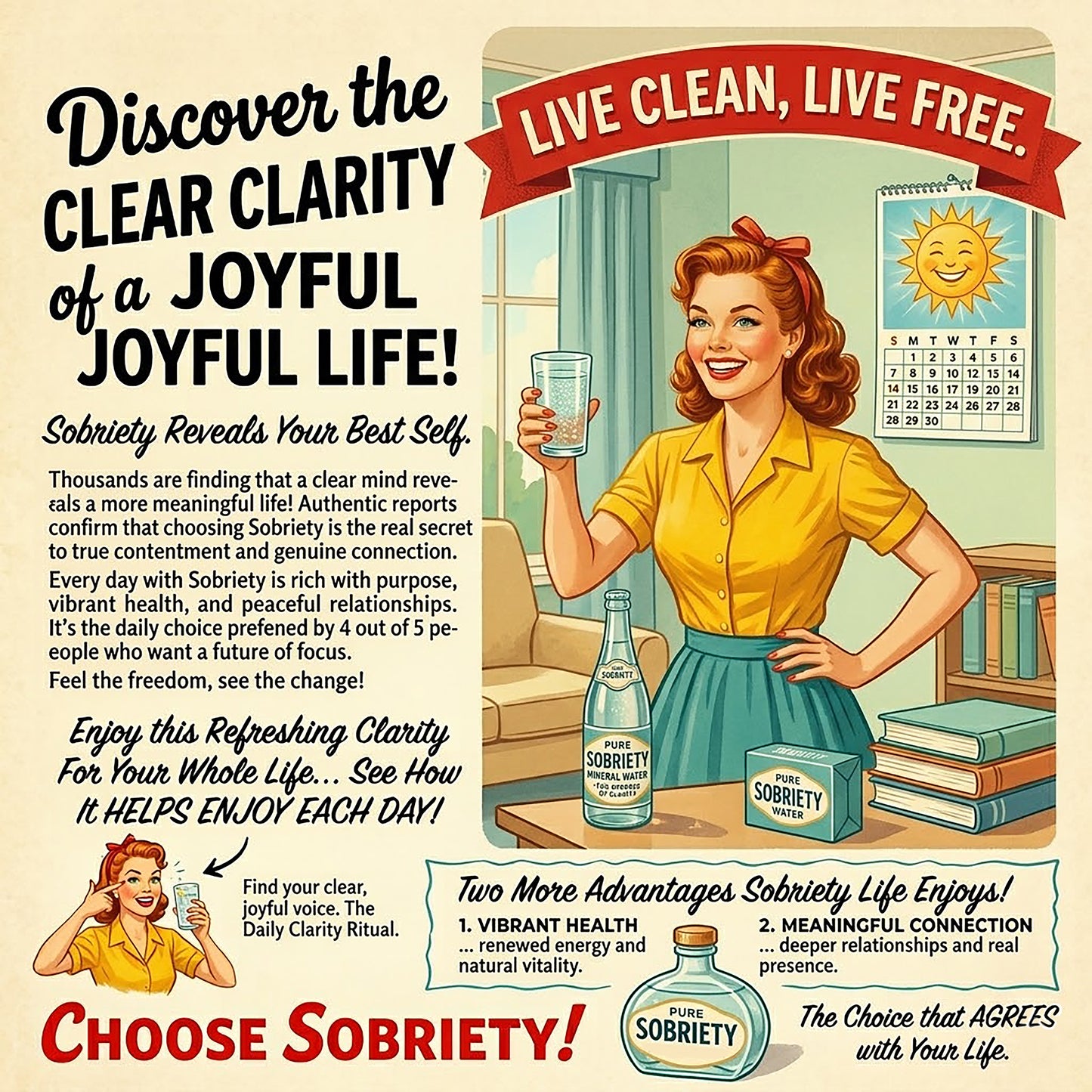 Woman holding up a glass of water celebrating her sobriety. The caption reads LIVE CLEAN, LIVE FREE. CHOOSE SOBRIETY!
