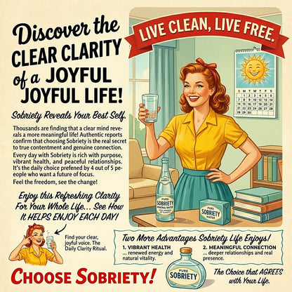 Woman holding up a glass of water celebrating her sobriety. The caption reads LIVE CLEAN, LIVE FREE. CHOOSE SOBRIETY!