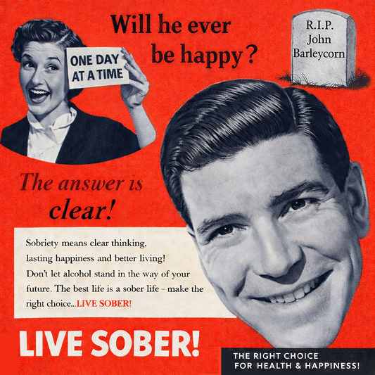 Vintage-style sobriety coffee mug design featuring retro recovery messaging, black-and-white portrait artwork, and inspirational “Live Sober” slogans in classic mid-century advertising style.